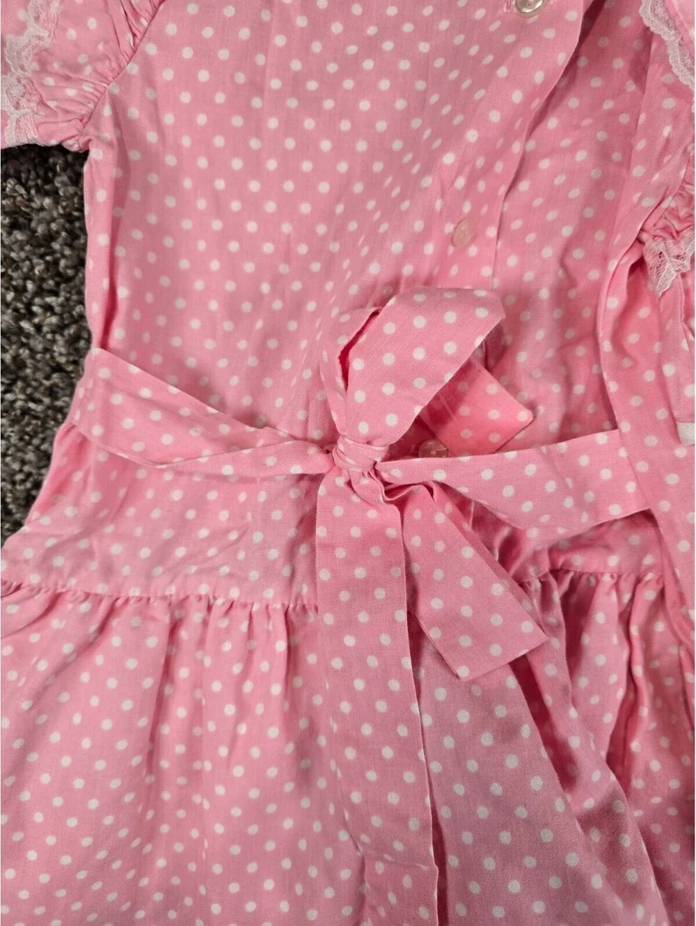 Vtg 1960s Girls Sz 6 Fashionland Dress White Pink Polka Dot Riffle Lace Pageant